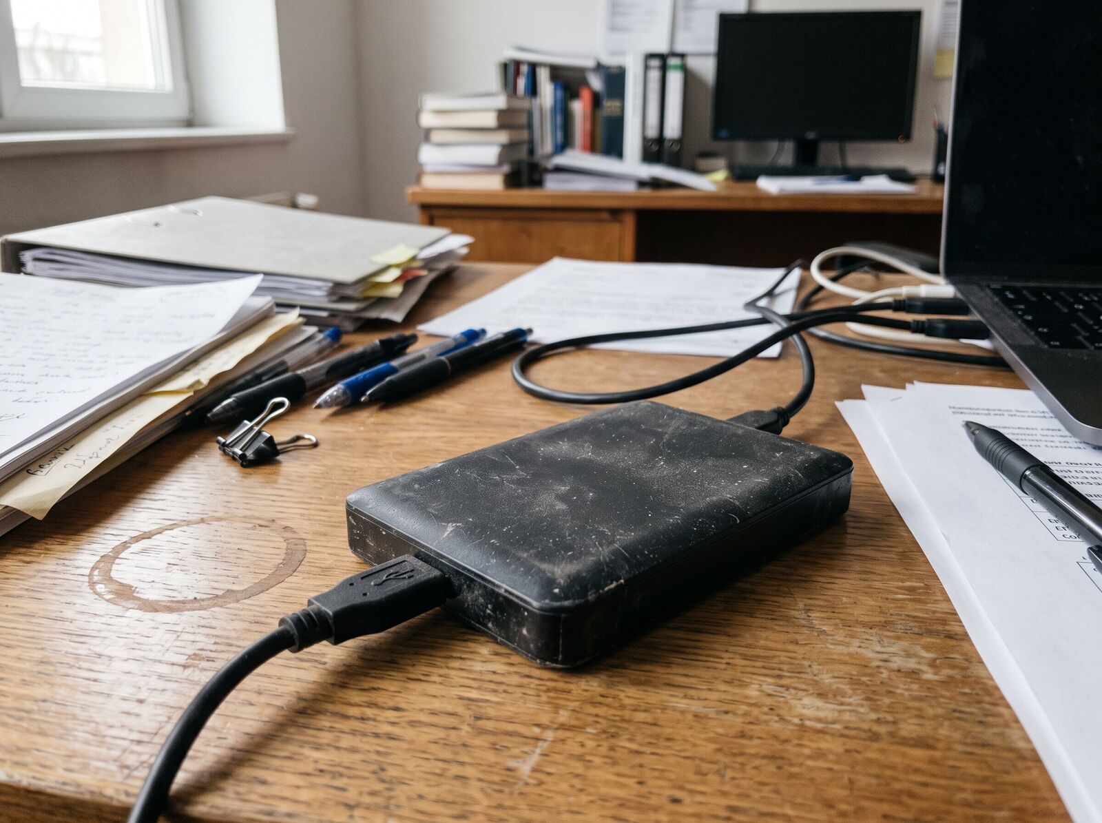 Externe USB-Festplatte am Bürorechner zwischen Unterlagen auf dem Schreibtisch