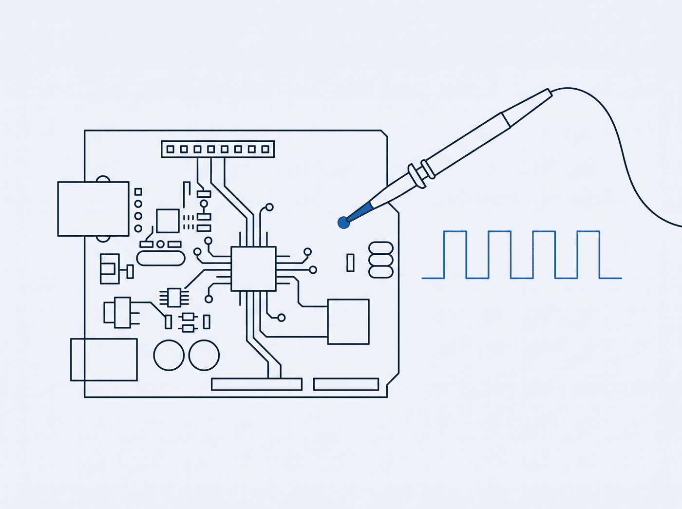 Leiterplatte mit Programmierstecker, angesetztem Tastkopf und Signalkurve