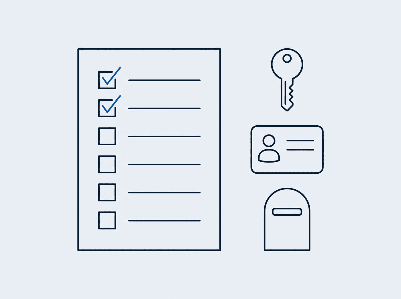 Checkliste mit sechs Kästchen, daneben Symbole für Schlüssel, Ausweis und Postfach
