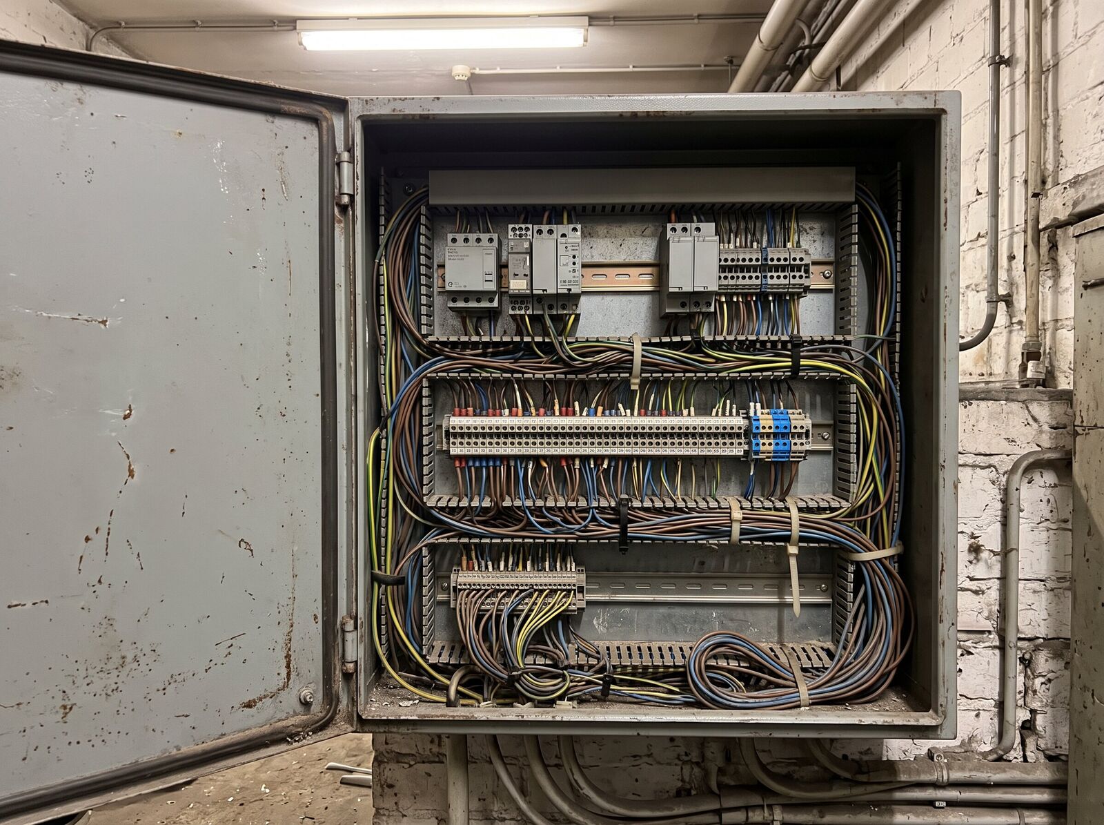 Geöffneter Schaltschrank einer Bestandsanlage mit Hutschiene und gewachsener Verdrahtung