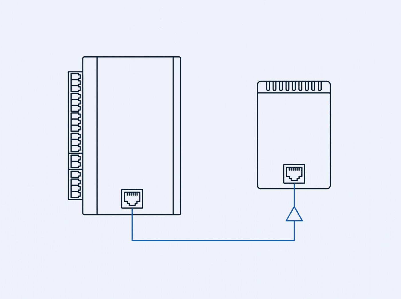 Zwei Geräte mit einer Ethernetleitung dazwischen und einer Pfeilspitze in nur eine Richtung